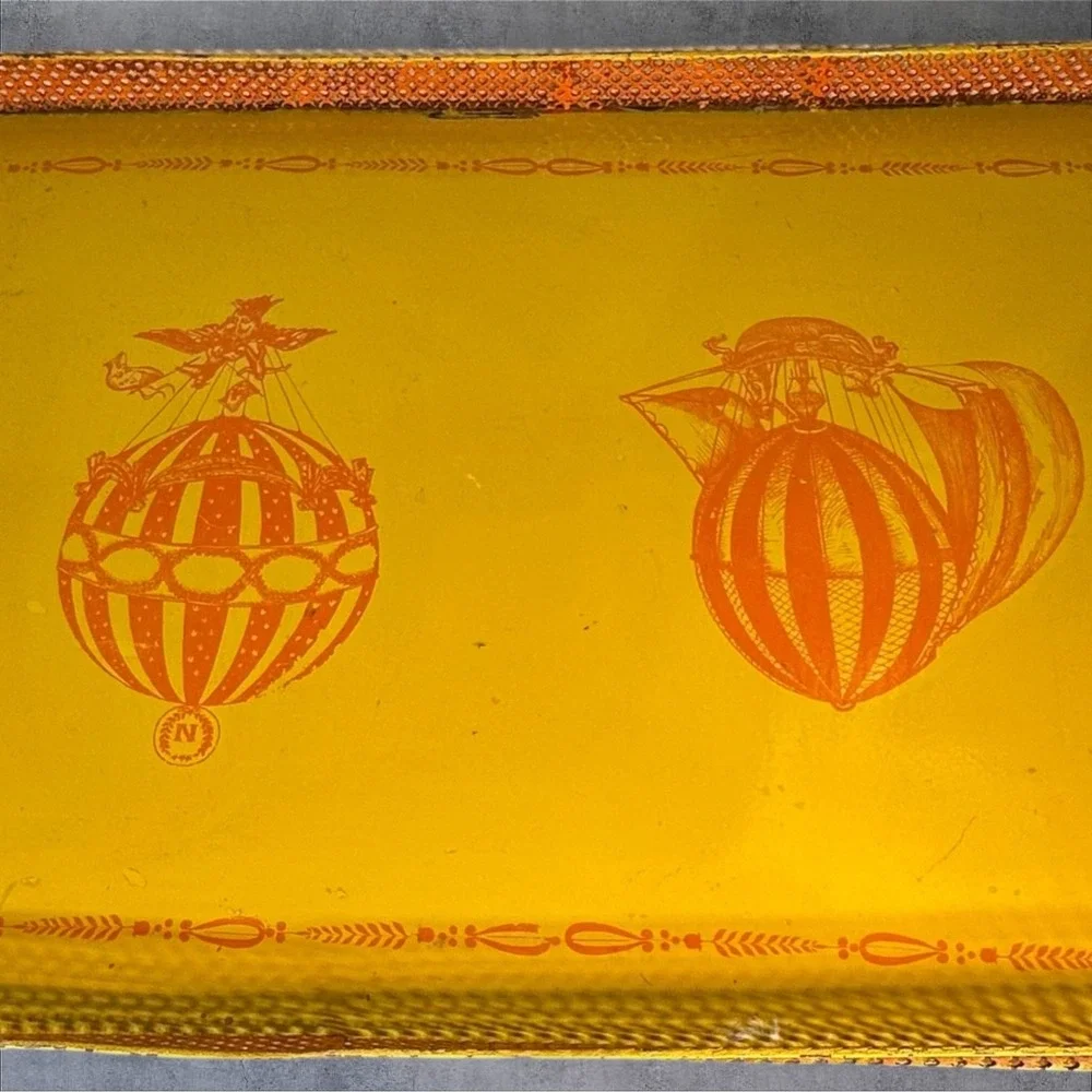 Vintage‎ Italian Metal Tray Painted Hot Air Balloon Yellow 26x17 Rustic Decor